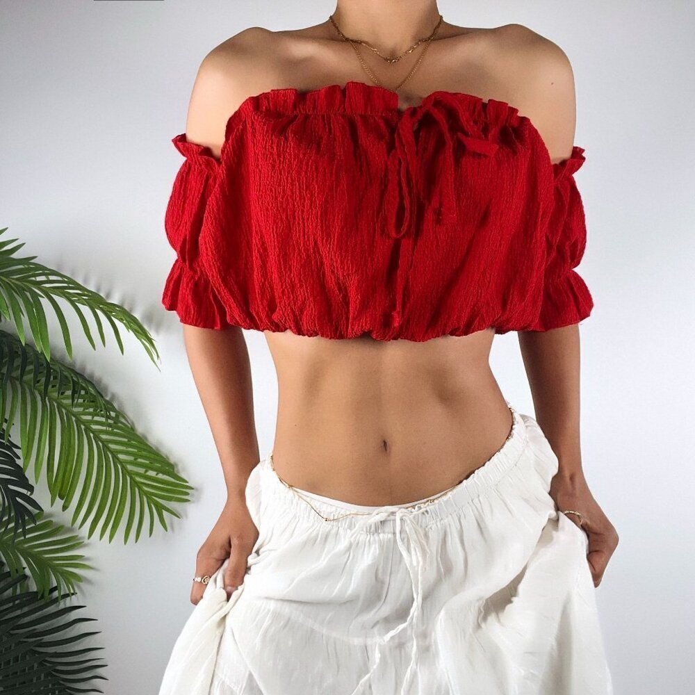 Women's Red Romantic Grunge Ruffled Beachy Bohemian Off Shoulder Crop Top / S